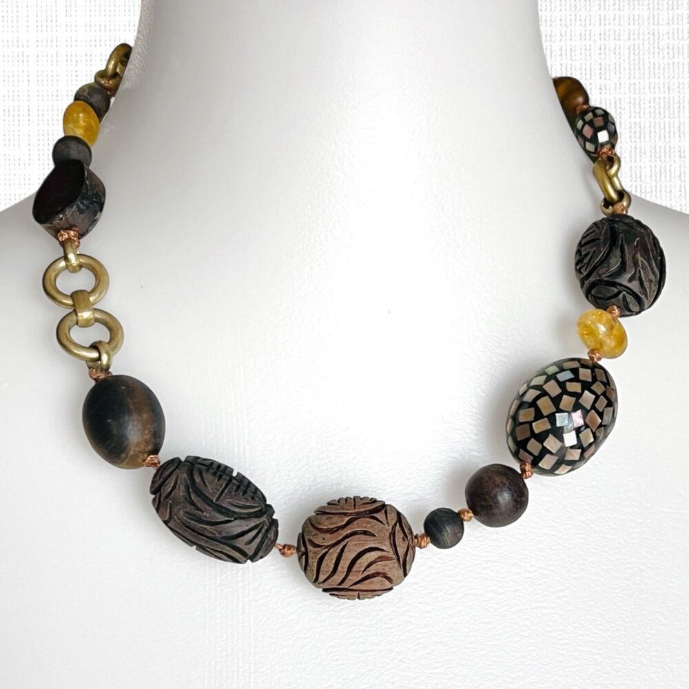 Kenneth Cole Necklace Carved Wood Bead Mother of Pearl Tribal Brown Gold Tone
